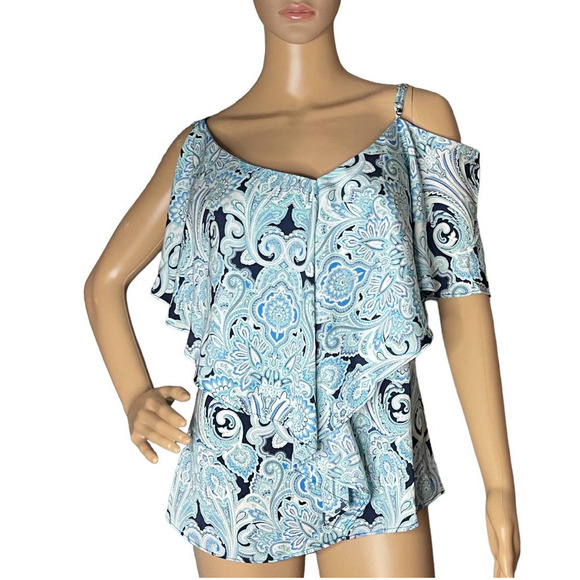 GIGI PARKER WOMENS COLD SHOULDER BLOUSE PAISLEY AQUA XS NEW WITH‎ TAGS - Picture 1 of 9